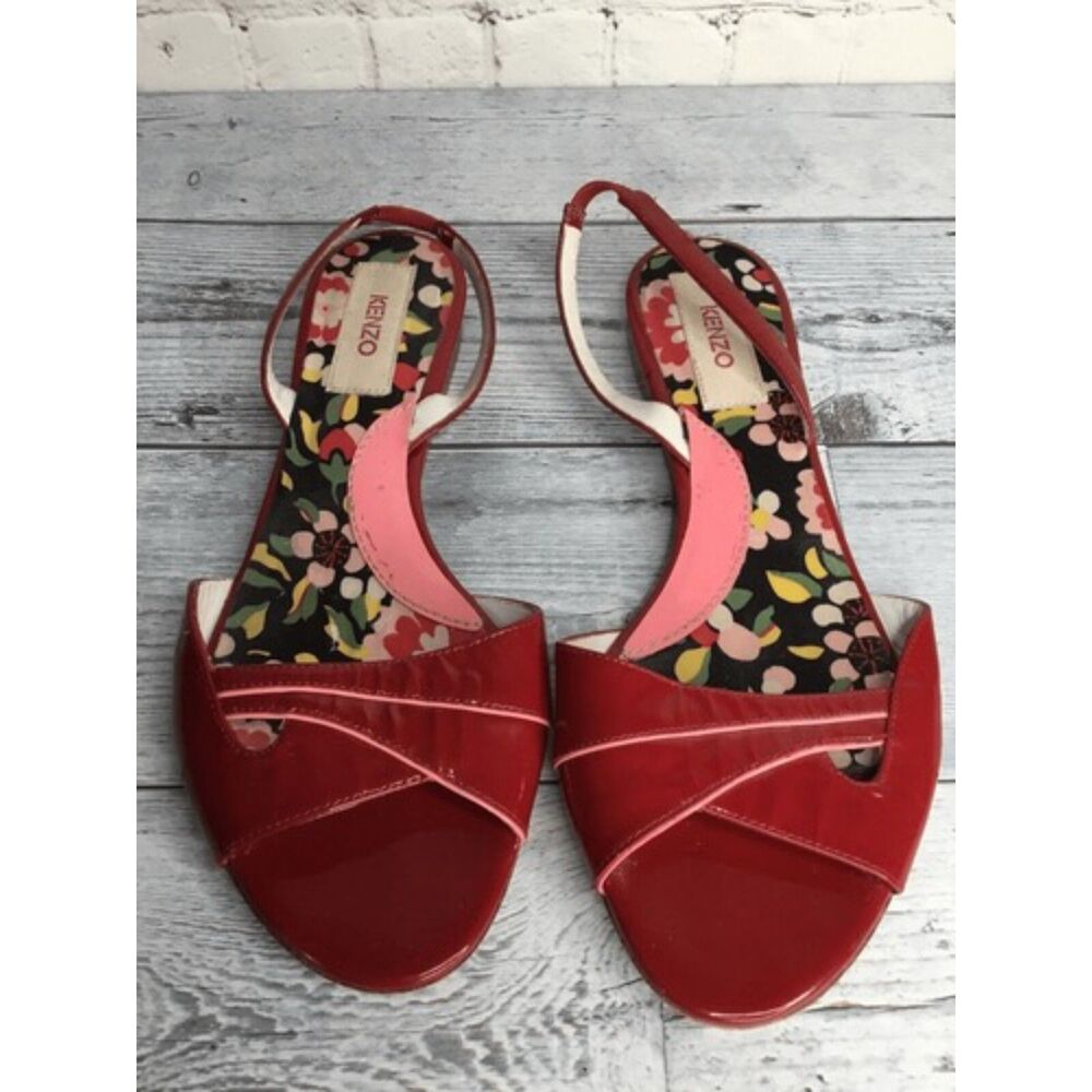 Vintage Kenzo‎ Red Patent Leather Slingback Flat Sandals Women Size 38/US7.5